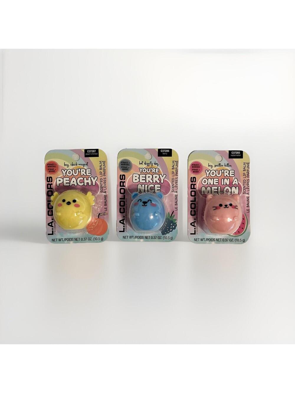 L.A. COLORS Scented Lip Balm 3pk Watermelon Berry Peach Kitten Dog & Chick Cute!